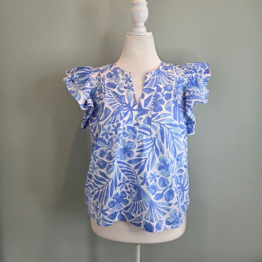 Crown & Ivy Blue White Floral Print Flutter Sleeve Cotton Blouse Size M - Picture 2 of 8